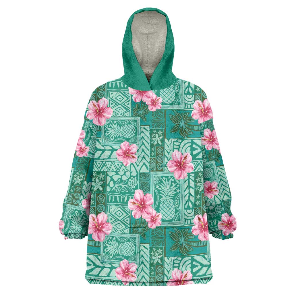 Cyan Hawaii Hibiscus With Tropical Flowers Motifs Wearable Blanket Hoodie LT14 One Size Cyan - Polynesian Pride
