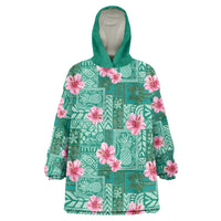 Cyan Hawaii Hibiscus With Tropical Flowers Motifs Wearable Blanket Hoodie LT14 One Size Cyan - Polynesian Pride