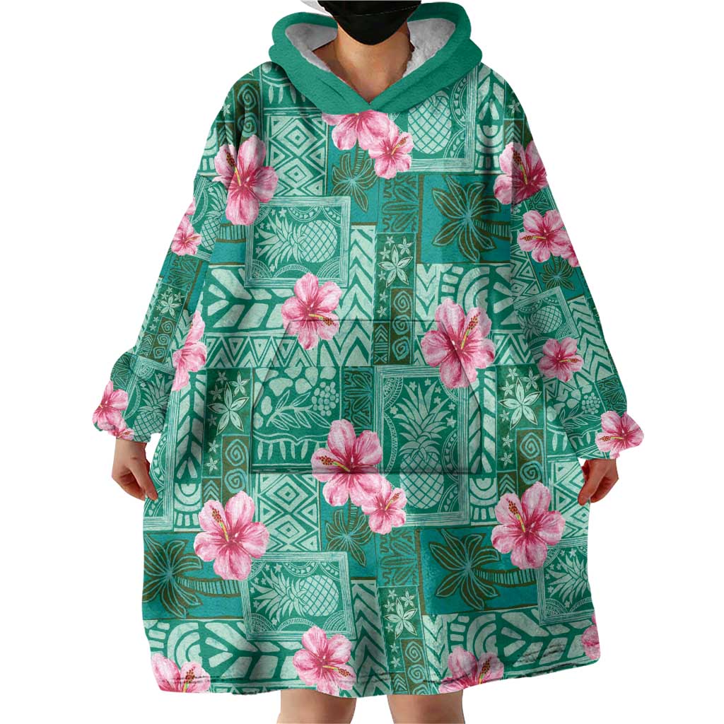 Cyan Hawaii Hibiscus With Tropical Flowers Motifs Wearable Blanket Hoodie LT14 - Polynesian Pride