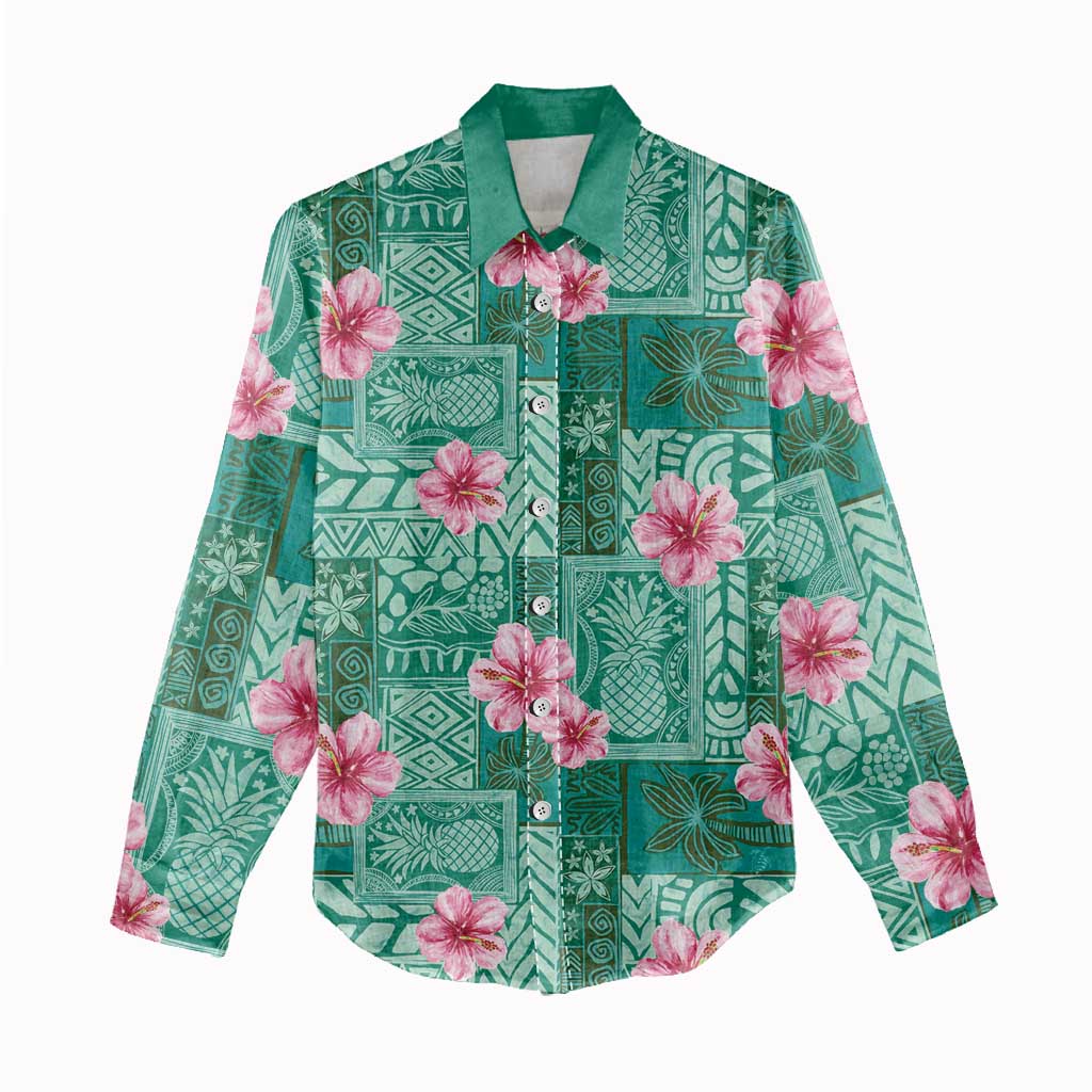 Cyan Hawaii Hibiscus With Tropical Flowers Motifs Women Casual Shirt - Polynesian Pride
