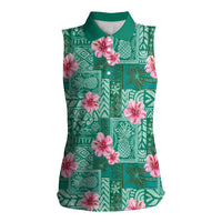 Cyan Hawaii Hibiscus With Tropical Flowers Motifs Women Sleeveless Polo Shirt LT14 Female Cyan - Polynesian Pride