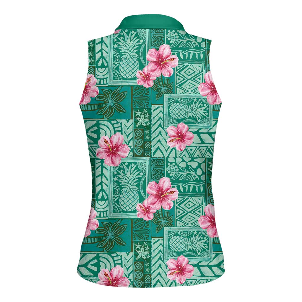 Cyan Hawaii Hibiscus With Tropical Flowers Motifs Women Sleeveless Polo Shirt LT14 - Polynesian Pride