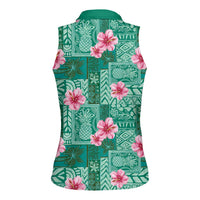 Cyan Hawaii Hibiscus With Tropical Flowers Motifs Women Sleeveless Polo Shirt LT14 - Polynesian Pride