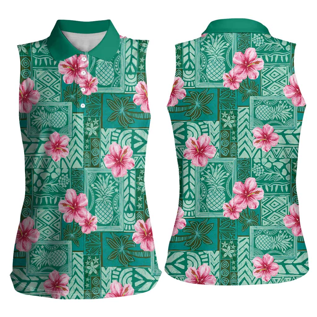Cyan Hawaii Hibiscus With Tropical Flowers Motifs Women Sleeveless Polo Shirt LT14 - Polynesian Pride