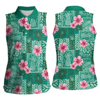 Cyan Hawaii Hibiscus With Tropical Flowers Motifs Women Sleeveless Polo Shirt LT14 - Polynesian Pride