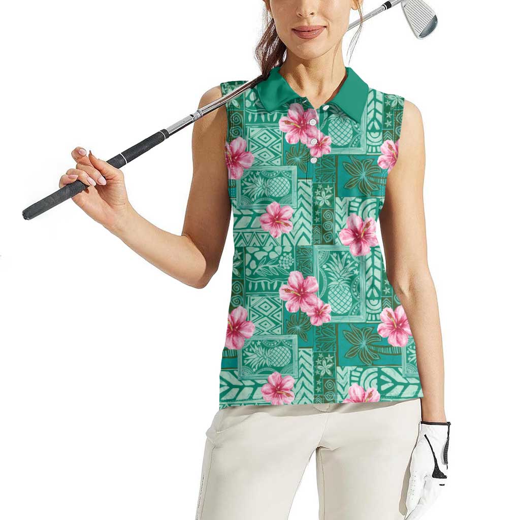 Cyan Hawaii Hibiscus With Tropical Flowers Motifs Women Sleeveless Polo Shirt LT14 - Polynesian Pride