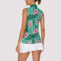Cyan Hawaii Hibiscus With Tropical Flowers Motifs Women Sleeveless Polo Shirt LT14 - Polynesian Pride
