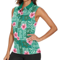 Cyan Hawaii Hibiscus With Tropical Flowers Motifs Women Sleeveless Polo Shirt LT14 - Polynesian Pride