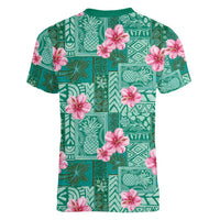 Cyan Hawaii Hibiscus With Tropical Flowers Motifs Women V-Neck T-Shirt LT14 - Polynesian Pride