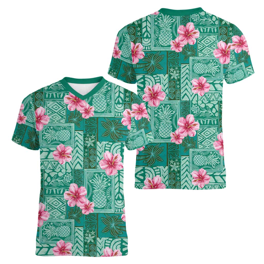 Cyan Hawaii Hibiscus With Tropical Flowers Motifs Women V-Neck T-Shirt LT14 - Polynesian Pride