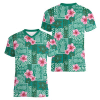 Cyan Hawaii Hibiscus With Tropical Flowers Motifs Women V-Neck T-Shirt LT14 - Polynesian Pride