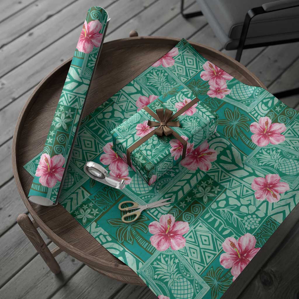 Cyan Hawaii Hibiscus With Tropical Flowers Motifs Wrapping Paper - Polynesian Pride