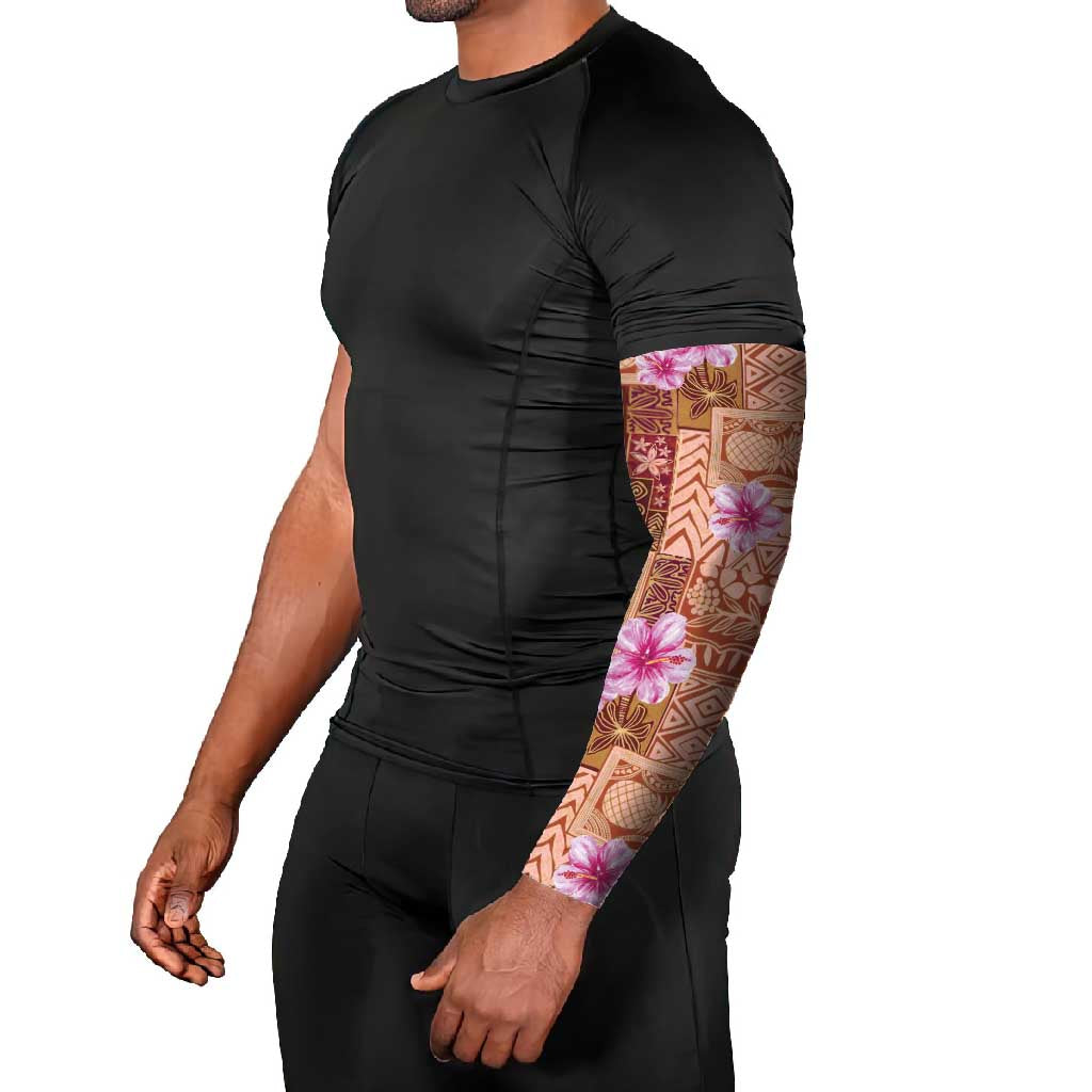 Orange Hawaii Hibiscus With Tropical Flowers Motifs Arm Sleeves - Polynesian Pride