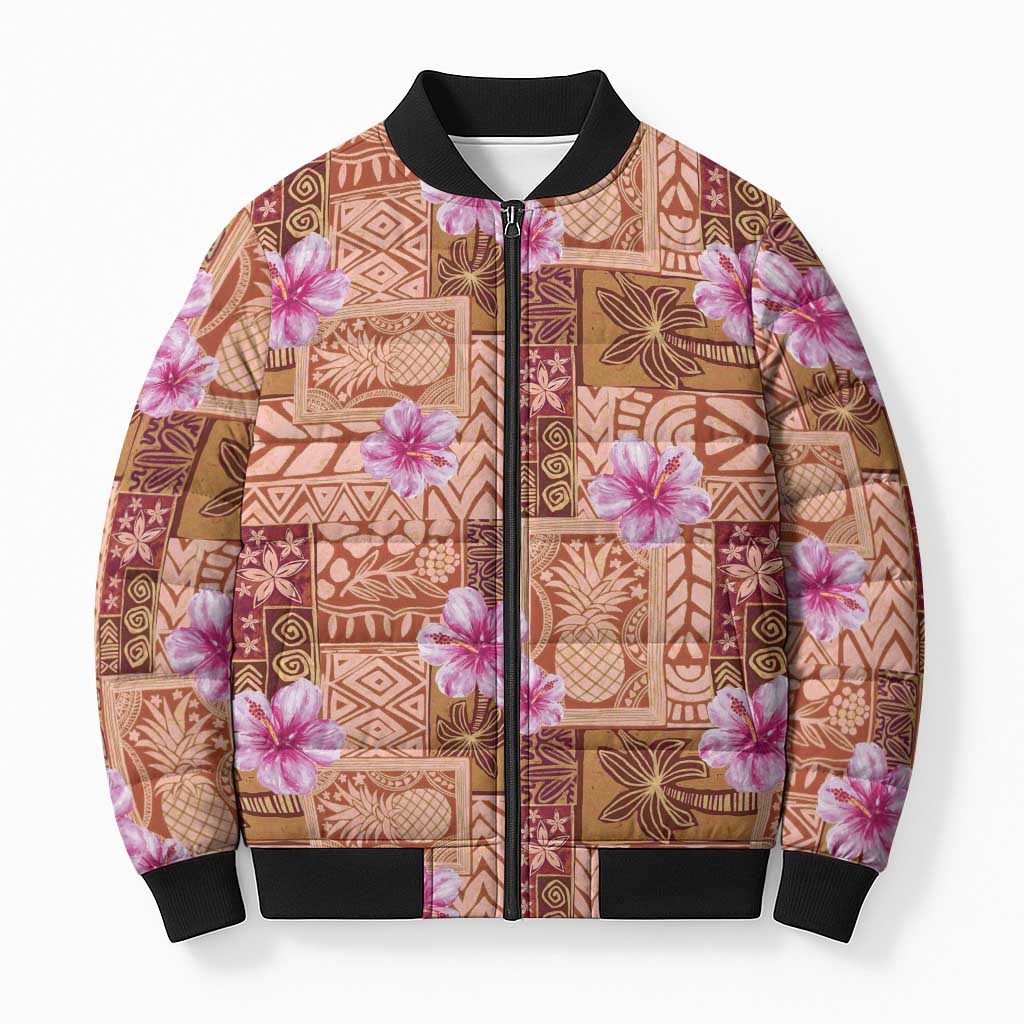 Orange Hawaii Hibiscus With Tropical Flowers Motifs Bomber Puffer Jacket LT14 Unisex Orange - Polynesian Pride