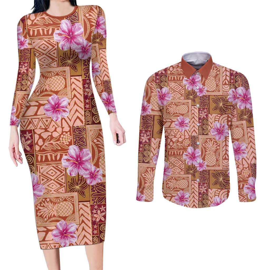 Orange Hawaii Hibiscus With Tropical Flowers Motifs Couples Matching Long Sleeve Bodycon Dress and Long Sleeve Button Shirt - Polynesian Pride
