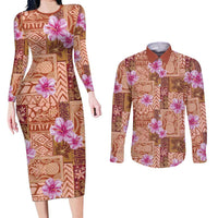 Orange Hawaii Hibiscus With Tropical Flowers Motifs Couples Matching Long Sleeve Bodycon Dress and Long Sleeve Button Shirt - Polynesian Pride
