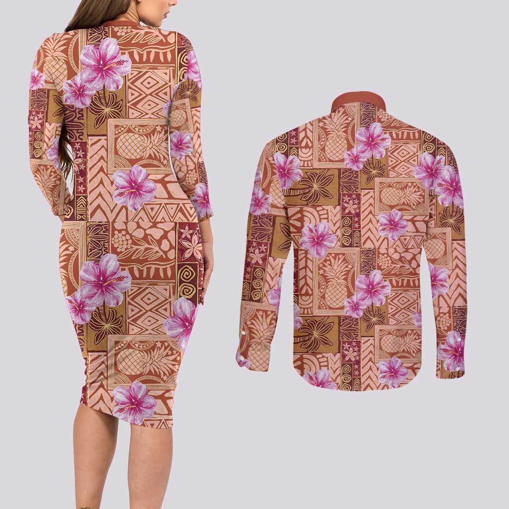 Orange Hawaii Hibiscus With Tropical Flowers Motifs Couples Matching Long Sleeve Bodycon Dress and Long Sleeve Button Shirt - Polynesian Pride