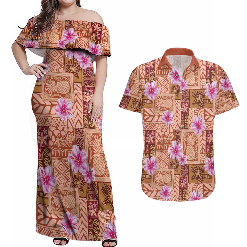 Orange Hawaii Hibiscus With Tropical Flowers Motifs Couples Matching Off Shoulder Maxi Dress and Hawaiian Shirt - Polynesian Pride