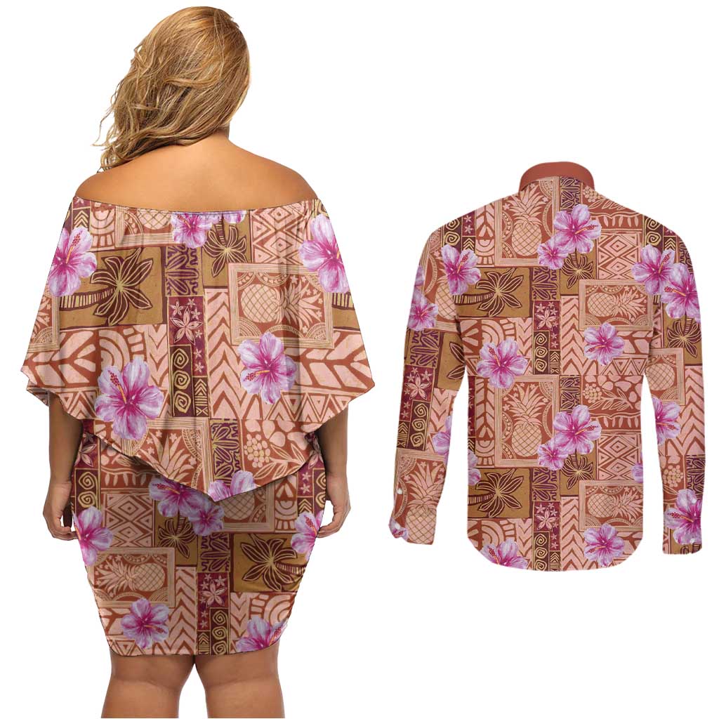 Orange Hawaii Hibiscus With Tropical Flowers Motifs Couples Matching Off Shoulder Short Dress and Long Sleeve Button Shirt - Polynesian Pride