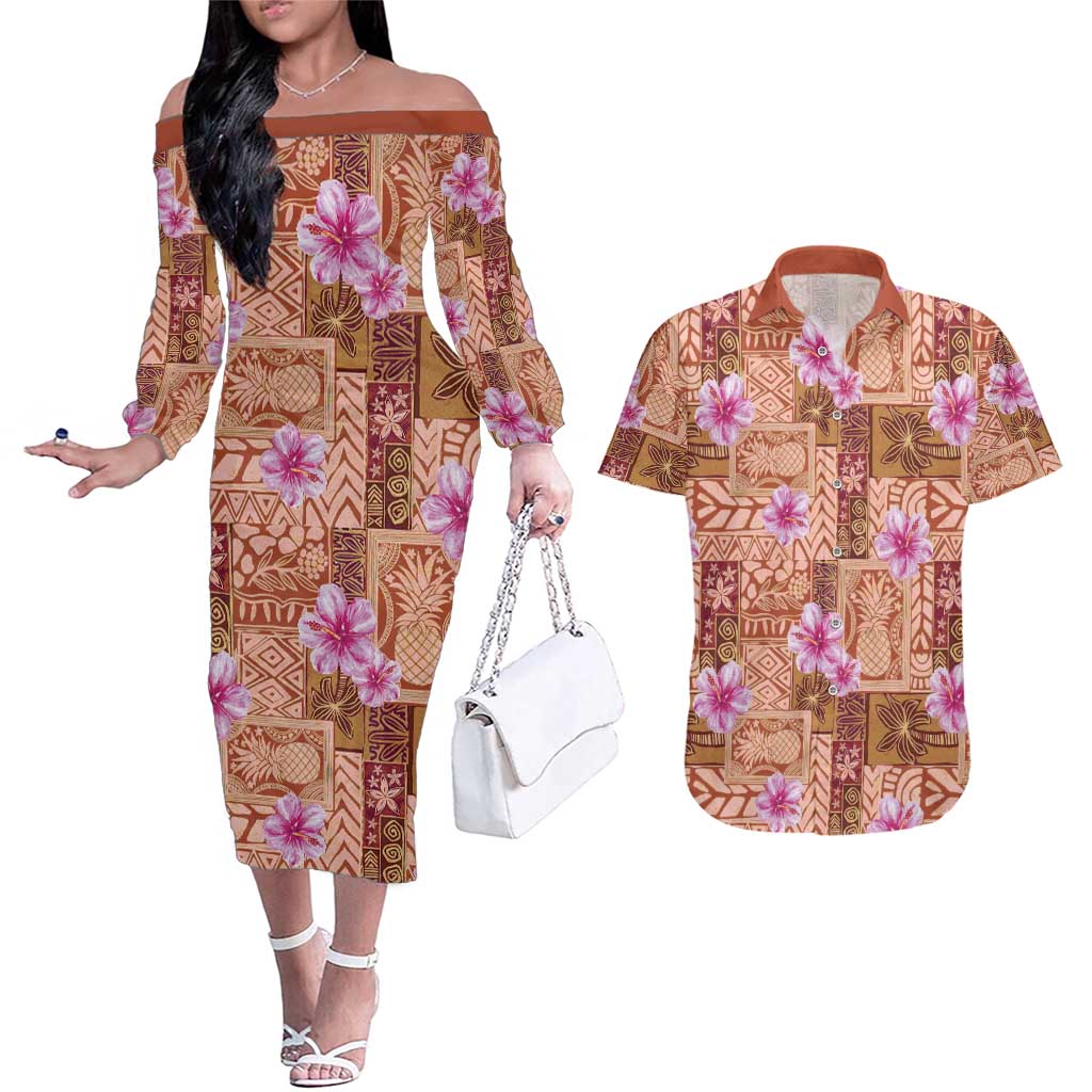 Orange Hawaii Hibiscus With Tropical Flowers Motifs Couples Matching Off The Shoulder Long Sleeve Dress and Hawaiian Shirt LT14 Orange - Polynesian Pride