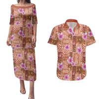 Orange Hawaii Hibiscus With Tropical Flowers Motifs Couples Matching Puletasi and Hawaiian Shirt LT14 Orange - Polynesian Pride