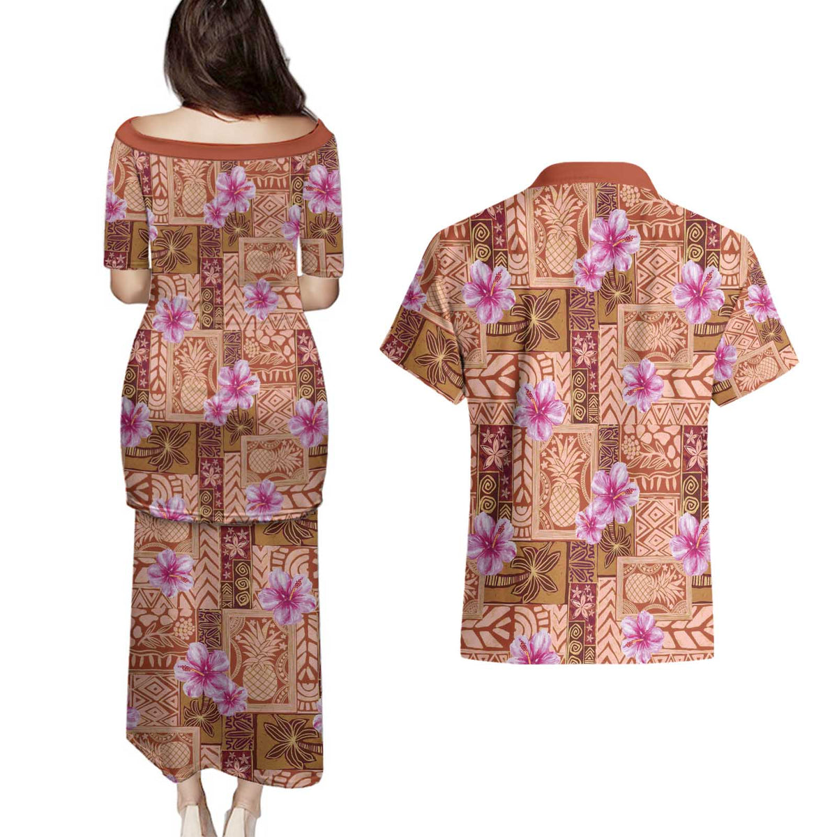 Orange Hawaii Hibiscus With Tropical Flowers Motifs Couples Matching Puletasi and Hawaiian Shirt LT14 - Polynesian Pride