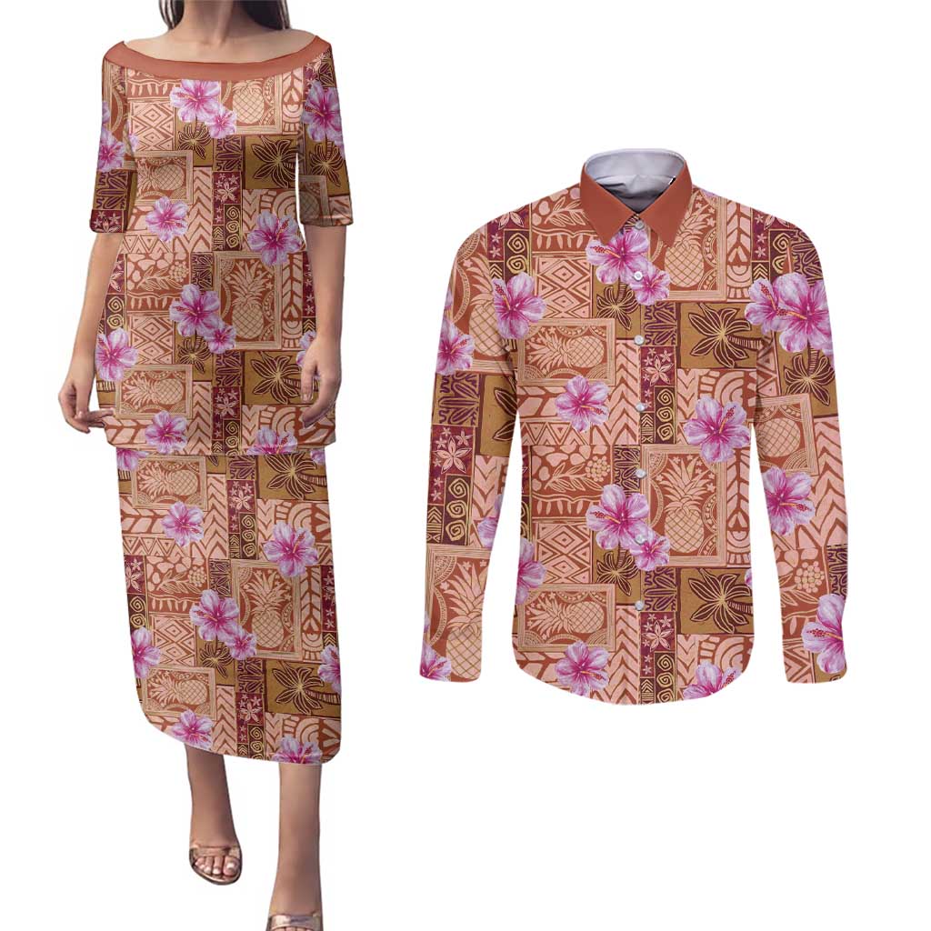 Orange Hawaii Hibiscus With Tropical Flowers Motifs Couples Matching Puletasi and Long Sleeve Button Shirt LT14 Orange - Polynesian Pride