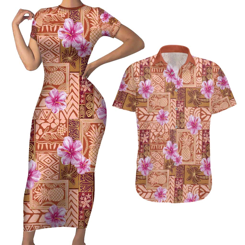 Orange Hawaii Hibiscus With Tropical Flowers Motifs Couples Matching Short Sleeve Bodycon Dress and Hawaiian Shirt - Polynesian Pride