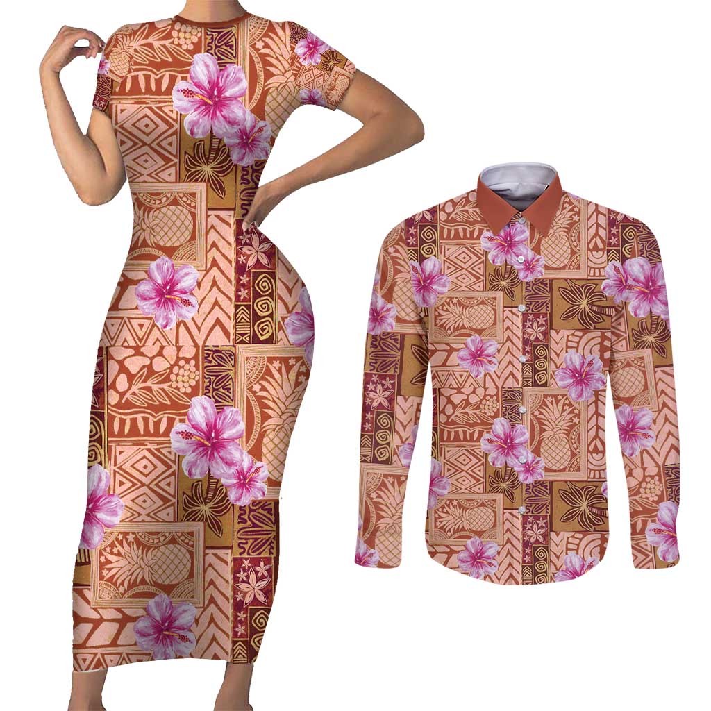 Orange Hawaii Hibiscus With Tropical Flowers Motifs Couples Matching Short Sleeve Bodycon Dress and Long Sleeve Button Shirt - Polynesian Pride