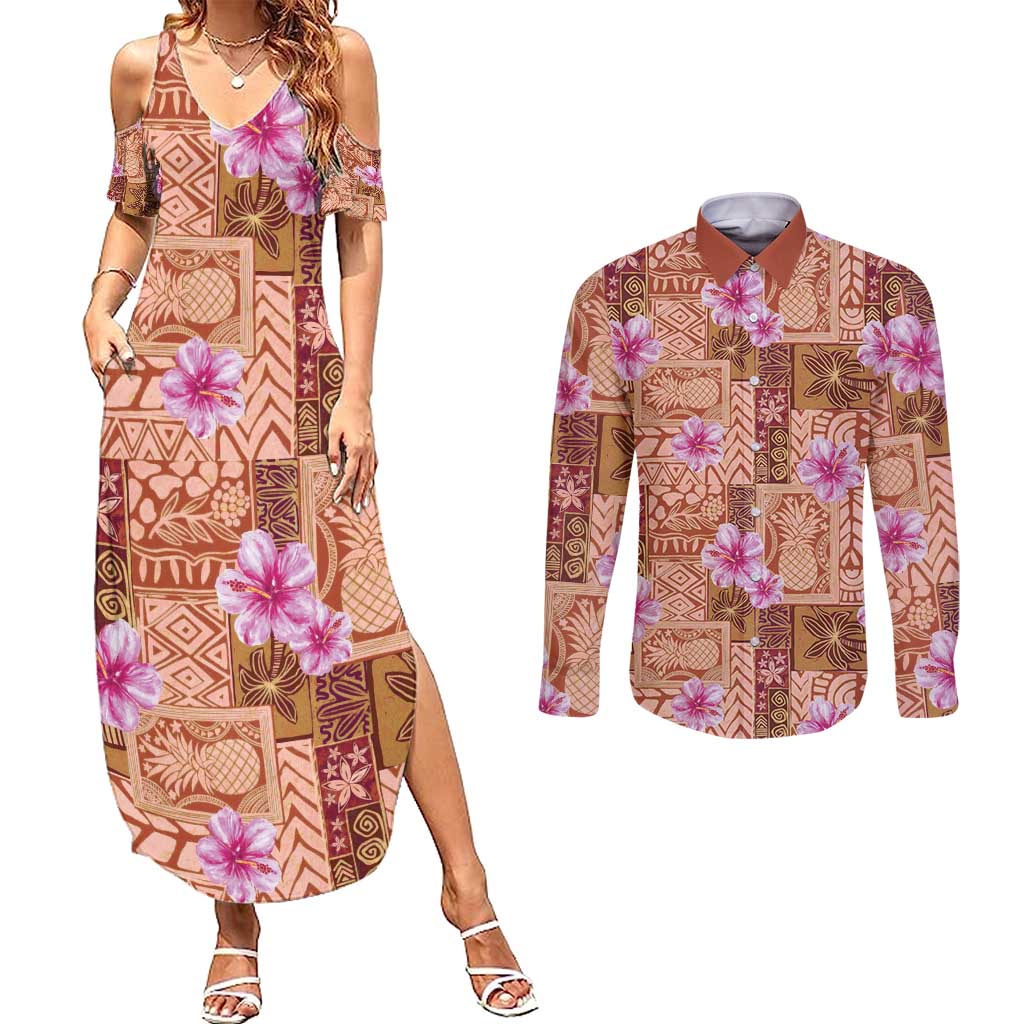 Orange Hawaii Hibiscus With Tropical Flowers Motifs Couples Matching Summer Maxi Dress and Long Sleeve Button Shirt - Polynesian Pride