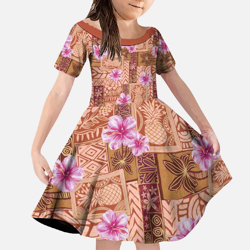 Orange Hawaii Hibiscus With Tropical Flowers Motifs Family Matching Mermaid Dress and Hawaiian Shirt LT14 Daughter's Dress Orange - Polynesian Pride