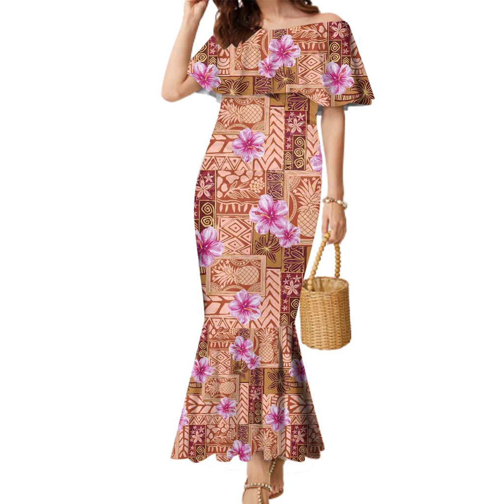 Orange Hawaii Hibiscus With Tropical Flowers Motifs Family Matching Mermaid Dress and Hawaiian Shirt LT14 Mom's Dress Orange - Polynesian Pride