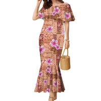 Orange Hawaii Hibiscus With Tropical Flowers Motifs Family Matching Mermaid Dress and Hawaiian Shirt LT14 Mom's Dress Orange - Polynesian Pride