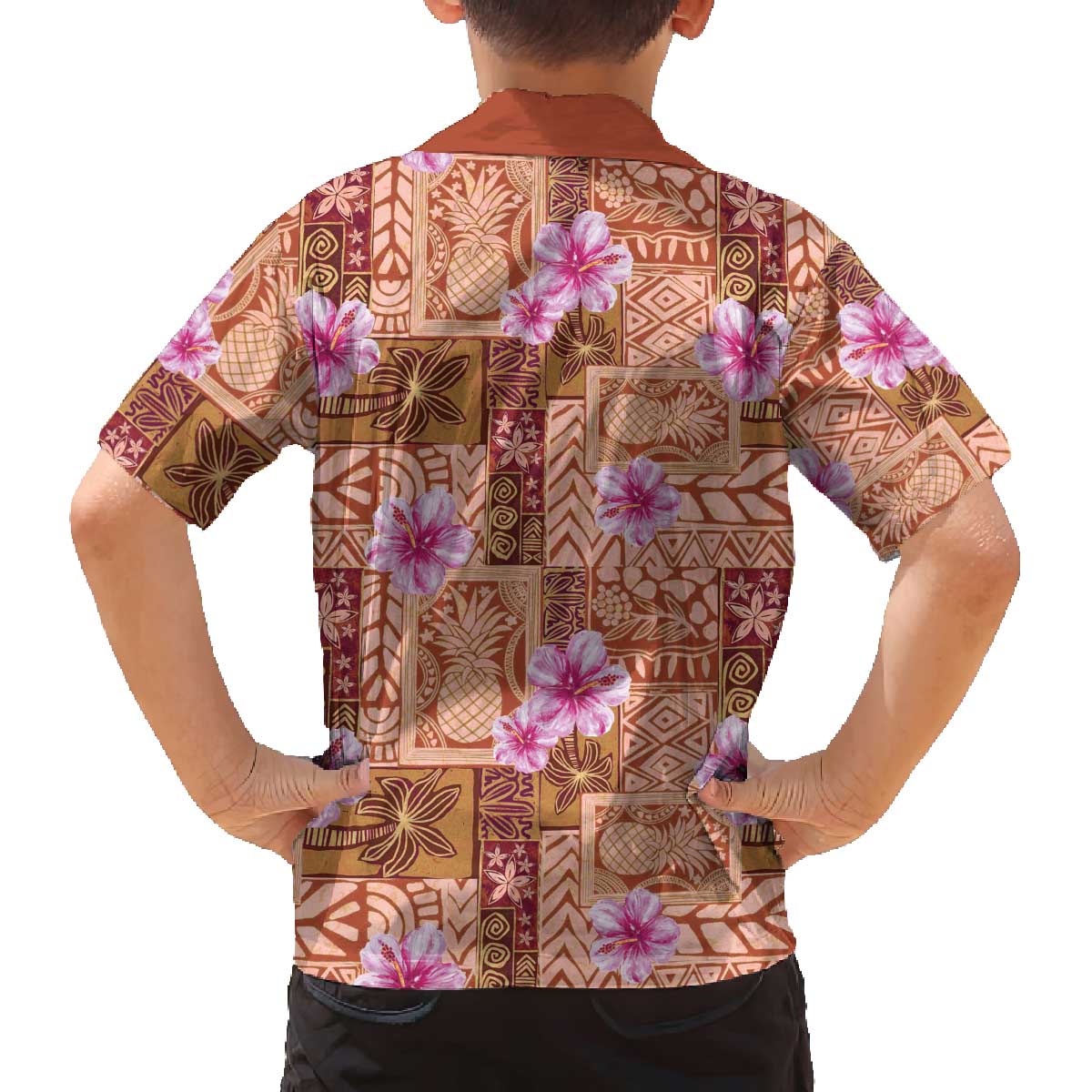 Orange Hawaii Hibiscus With Tropical Flowers Motifs Family Matching Off The Shoulder Long Sleeve Dress and Hawaiian Shirt LT14 - Polynesian Pride