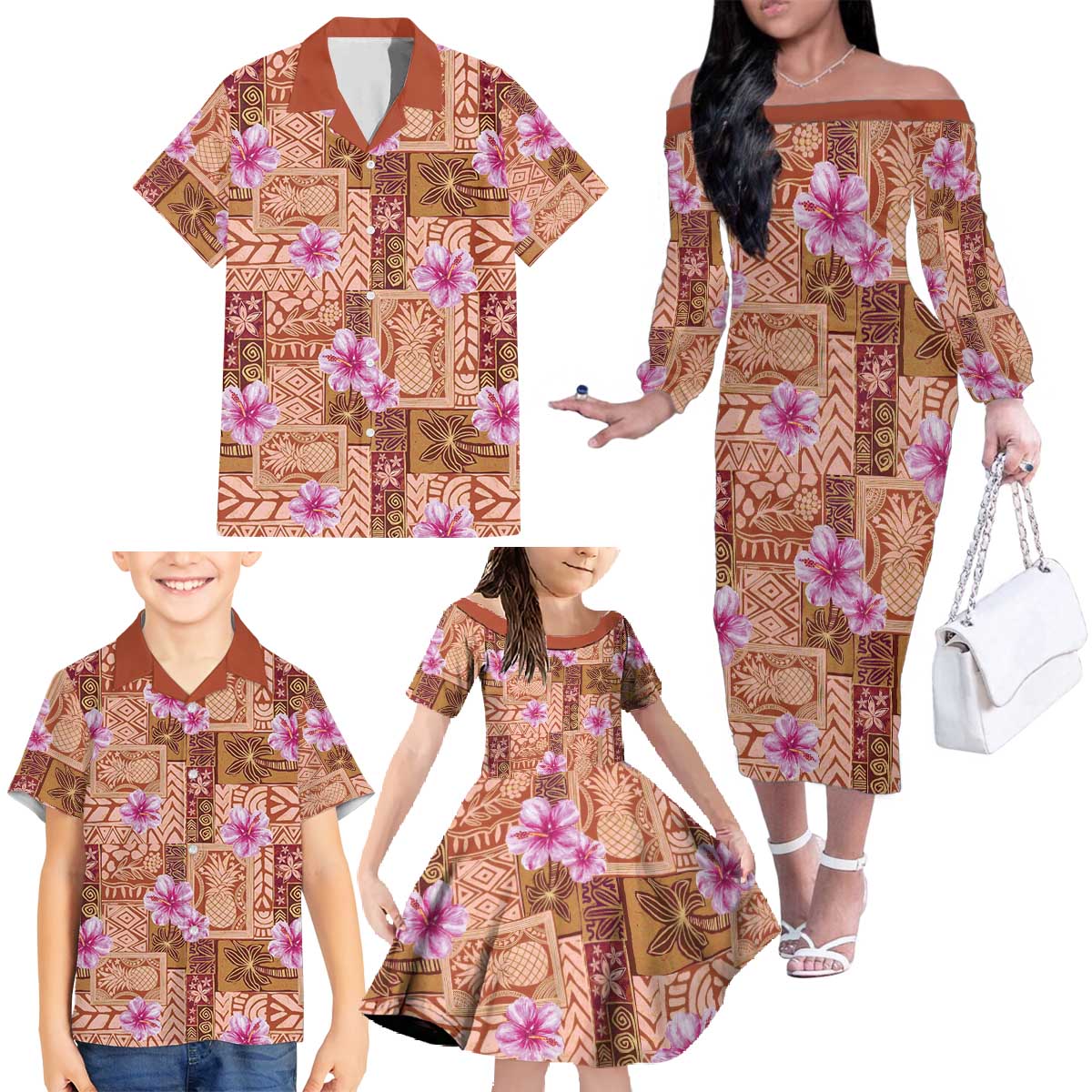 Orange Hawaii Hibiscus With Tropical Flowers Motifs Family Matching Off The Shoulder Long Sleeve Dress and Hawaiian Shirt - Polynesian Pride