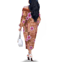 Orange Hawaii Hibiscus With Tropical Flowers Motifs Family Matching Off The Shoulder Long Sleeve Dress and Hawaiian Shirt LT14 - Polynesian Pride