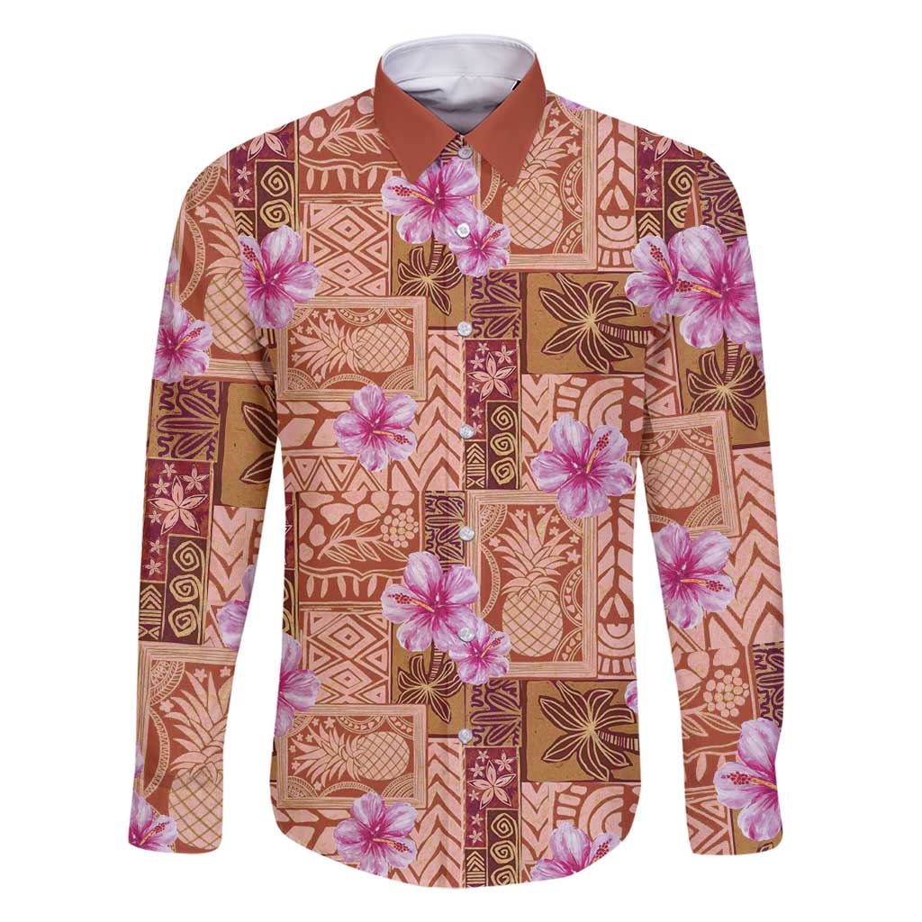 Orange Hawaii Hibiscus With Tropical Flowers Motifs Family Matching Off Shoulder Maxi Dress and Hawaiian Shirt LT14 Dad's Shirt - Long Sleeve Orange - Polynesian Pride