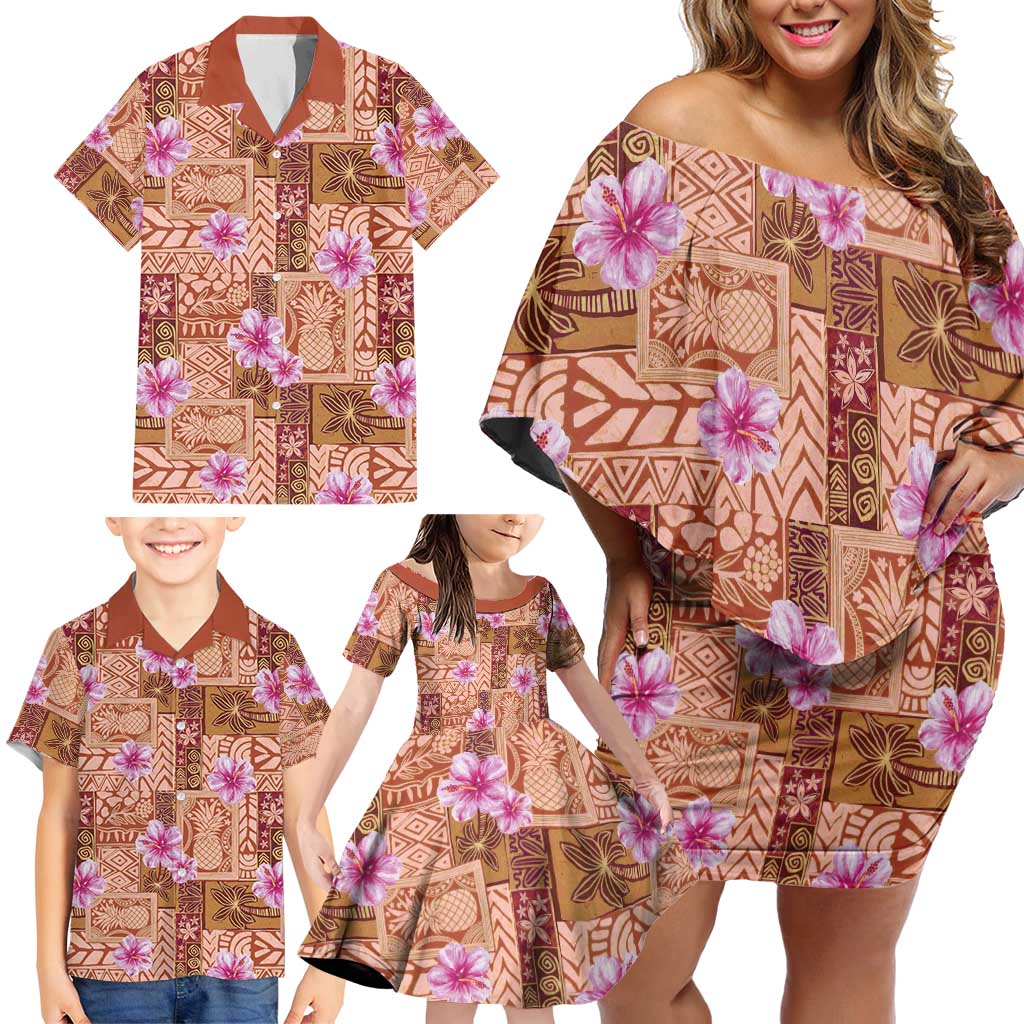 Orange Hawaii Hibiscus With Tropical Flowers Motifs Family Matching Off Shoulder Short Dress and Hawaiian Shirt LT14 - Polynesian Pride