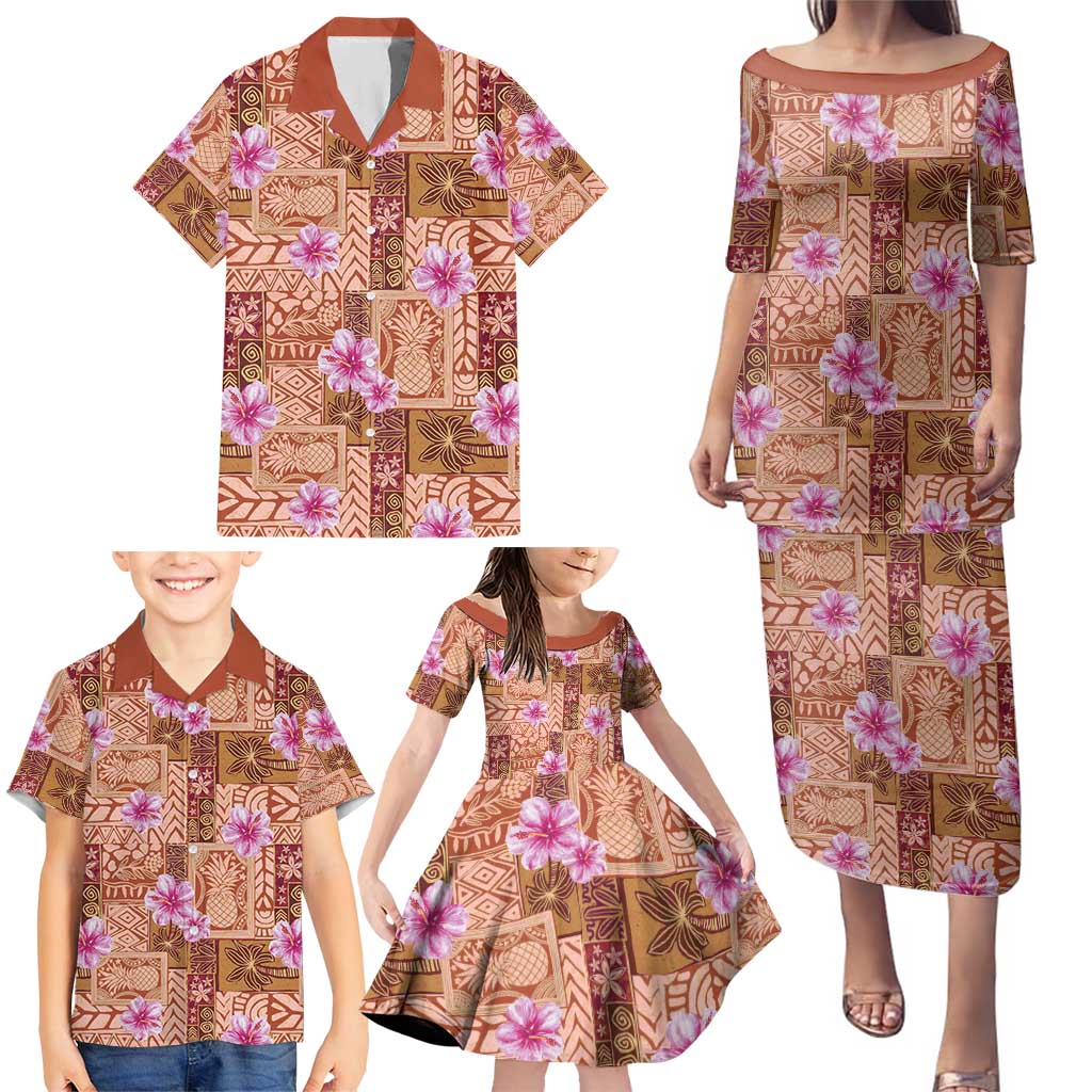 Orange Hawaii Hibiscus With Tropical Flowers Motifs Family Matching Puletasi and Hawaiian Shirt LT14 - Polynesian Pride