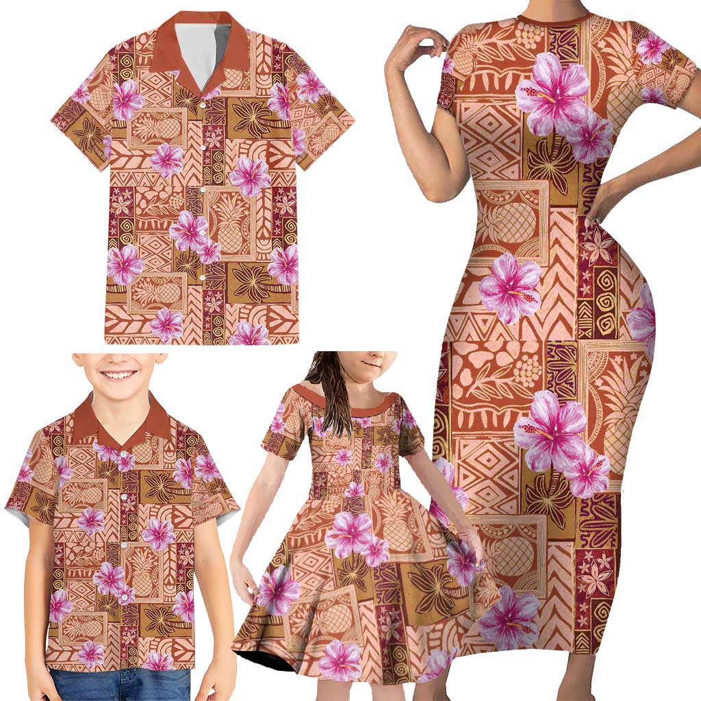 Orange Hawaii Hibiscus With Tropical Flowers Motifs Family Matching Short Sleeve Bodycon Dress and Hawaiian Shirt LT14 - Polynesian Pride