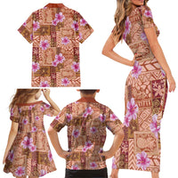 Orange Hawaii Hibiscus With Tropical Flowers Motifs Family Matching Short Sleeve Bodycon Dress and Hawaiian Shirt LT14 - Polynesian Pride