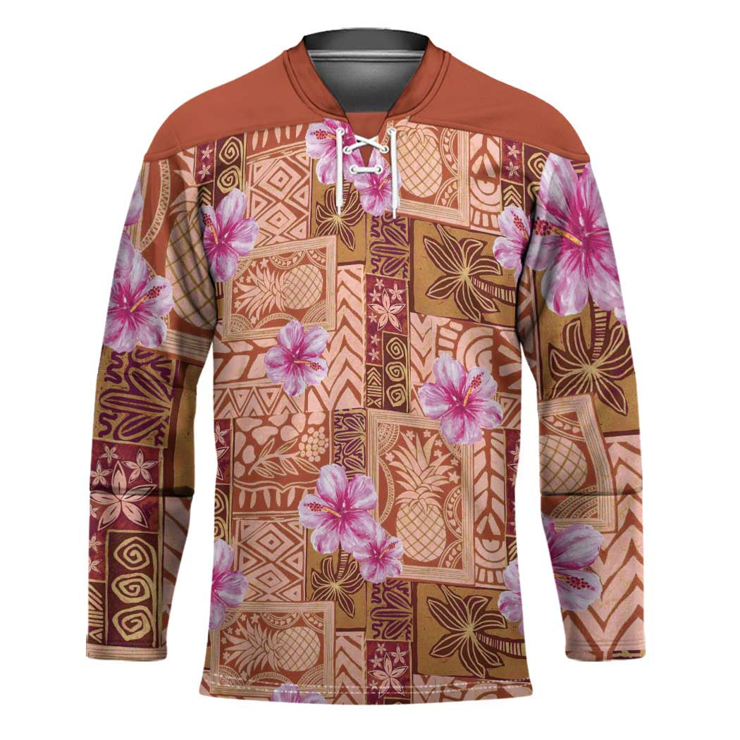Orange Hawaii Hibiscus With Tropical Flowers Motifs Hockey Jersey - Polynesian Pride