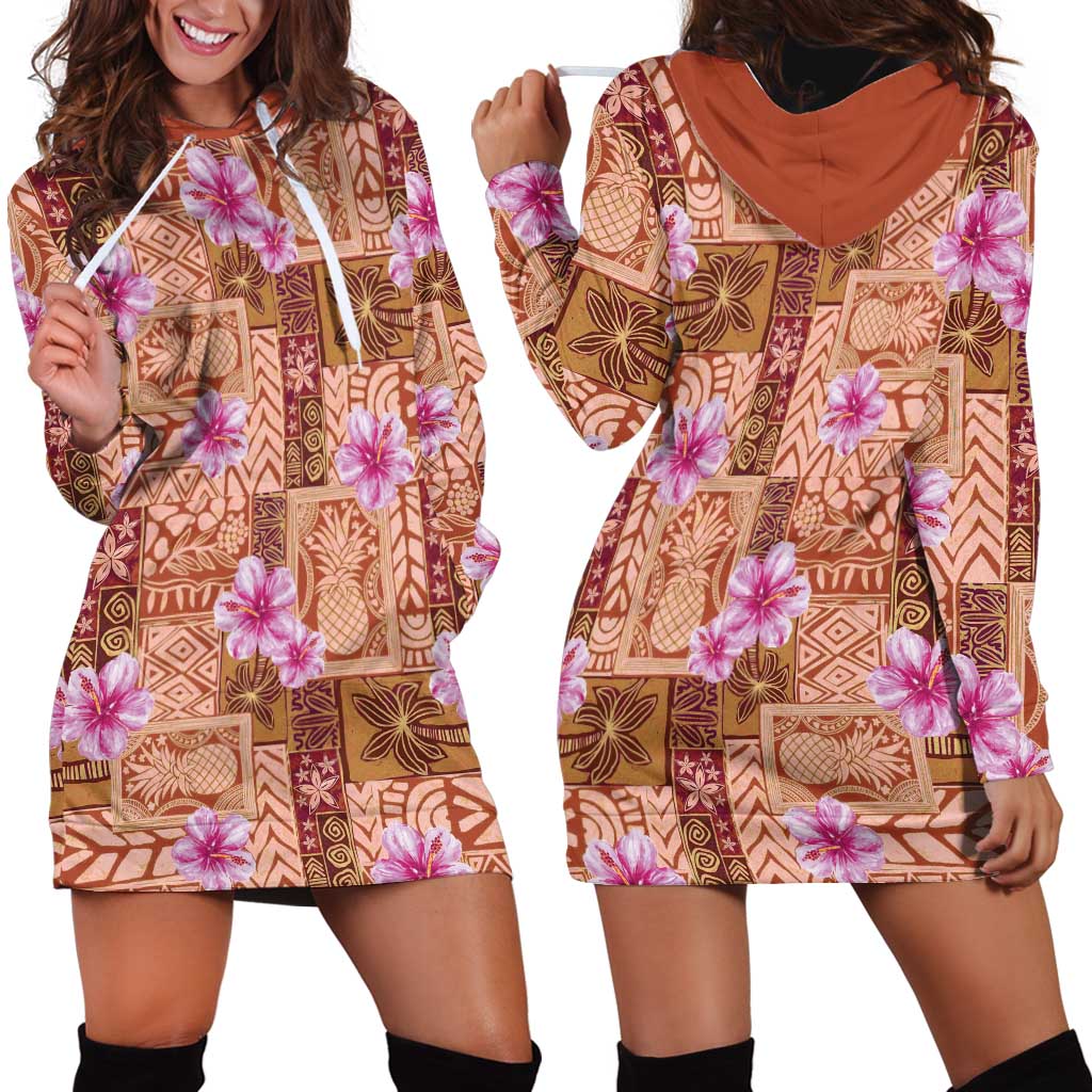 Orange Hawaii Hibiscus With Tropical Flowers Motifs Hoodie Dress LT14 - Polynesian Pride