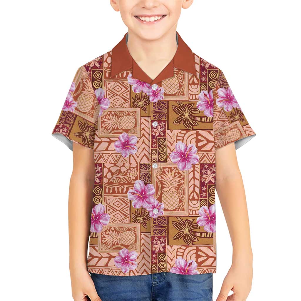 Orange Hawaii Hibiscus With Tropical Flowers Motifs Kid Hawaiian Shirt LT14 Kid Orange - Polynesian Pride