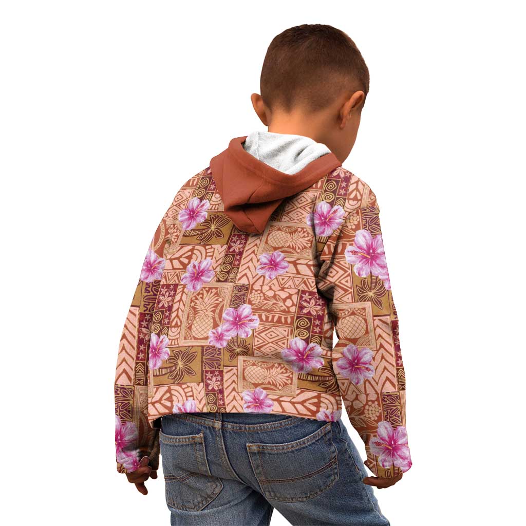 Orange Hawaii Hibiscus With Tropical Flowers Motifs Kid Hoodie - Polynesian Pride