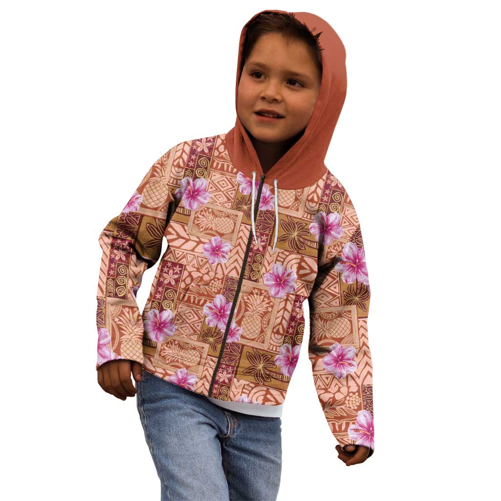 Orange Hawaii Hibiscus With Tropical Flowers Motifs Kid Hoodie - Polynesian Pride