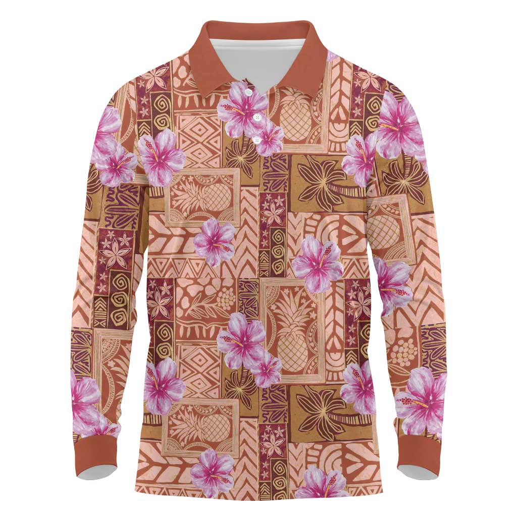 Orange Hawaii Hibiscus With Tropical Flowers Motifs Long Sleeve Polo Shirt LT14 Orange - Polynesian Pride