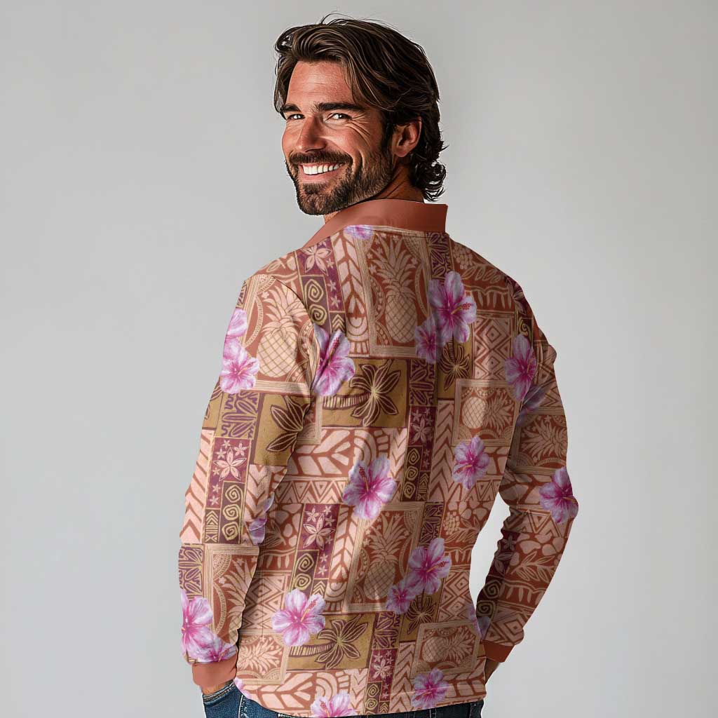 Orange Hawaii Hibiscus With Tropical Flowers Motifs Long Sleeve Polo Shirt - Polynesian Pride