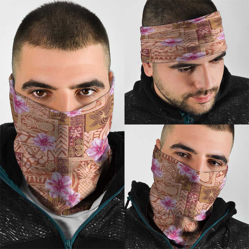 Orange Hawaii Hibiscus With Tropical Flowers Motifs Neck Gaiter - Polynesian Pride