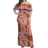 Orange Hawaii Hibiscus With Tropical Flowers Motifs Off Shoulder Maxi Dress LT14 Women Orange - Polynesian Pride